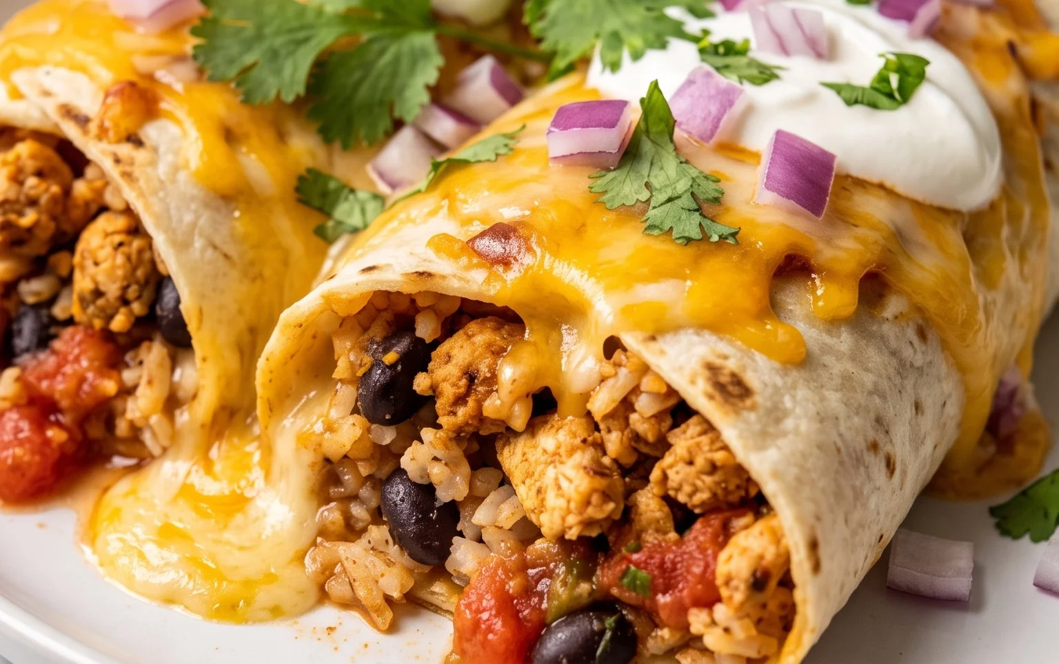 Cheesy Ground Chicken and Rice Burritos